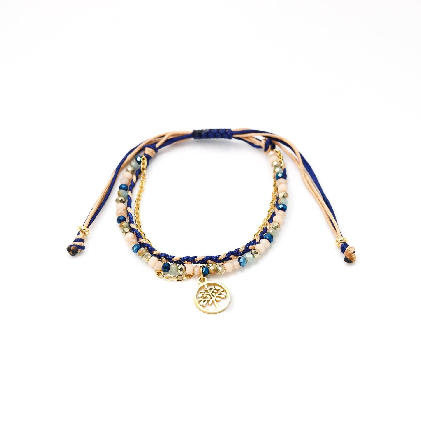 Pulsera Julieta triple tonos beige y azul: arbolito, luna, elefante